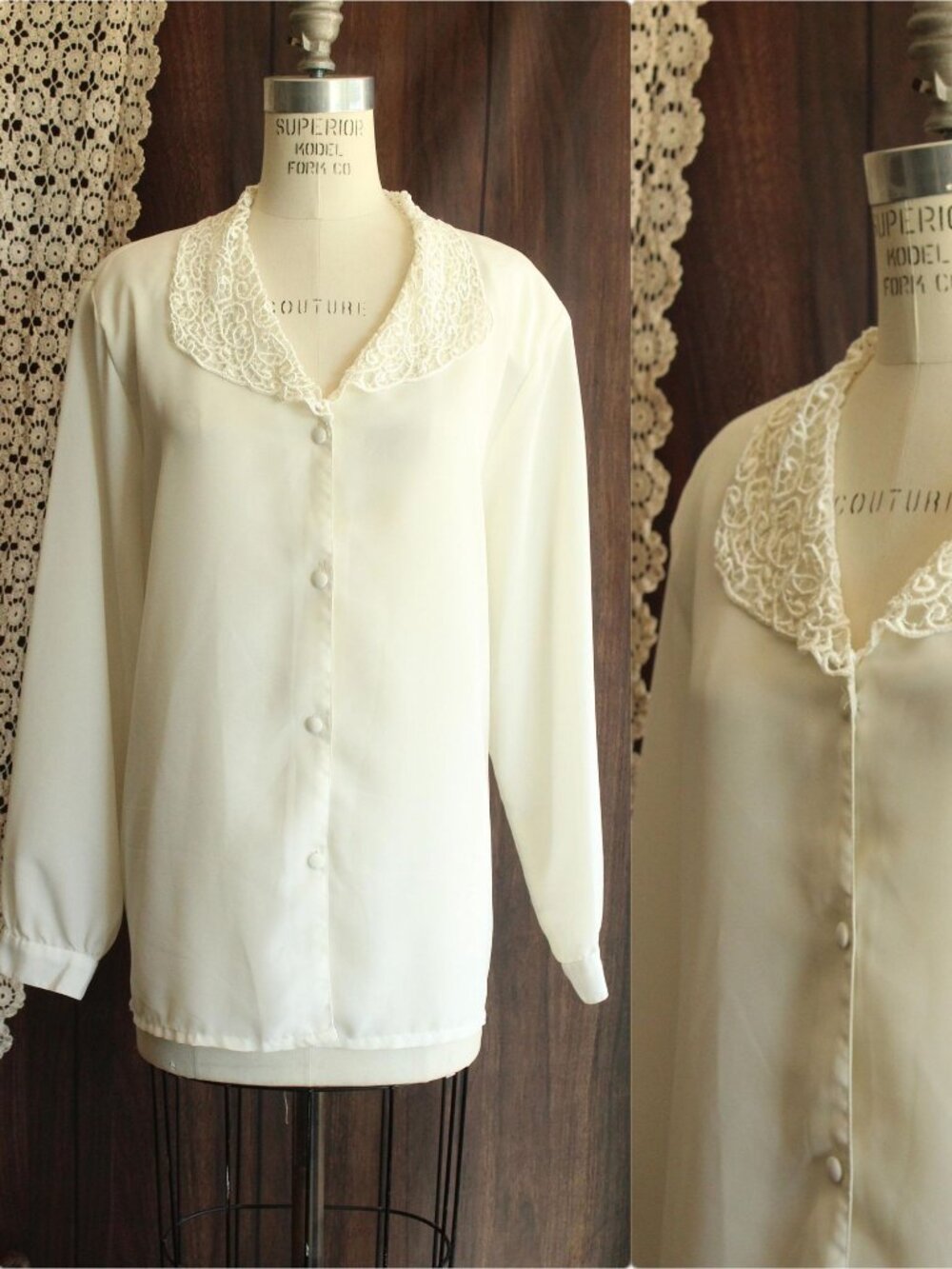Vintage 1980s 1990s Blouse, Volup Impressions White Button Down Shirt with Lace
